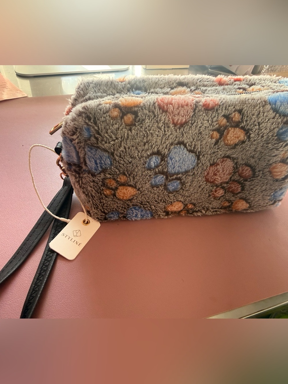 Paw Print pouch w/ wristlet- brown with blue, red and orange paws